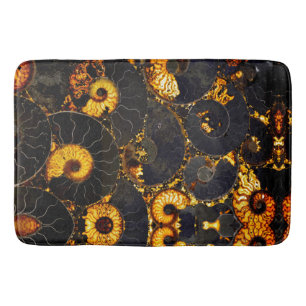 Golden Amber black Nautilus shell pattern, fossil  Bath Mat