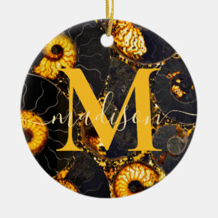 Golden Amber black Nautilus shell pattern, fossil  Ceramic Ornament
