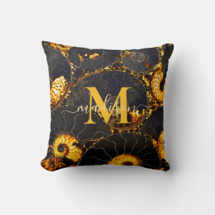 Golden Amber black Nautilus shell pattern, fossil  Cushion