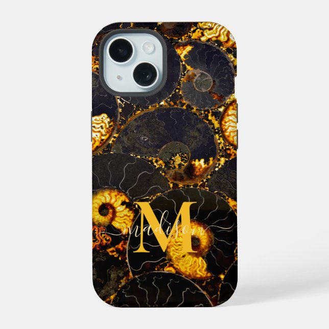 Golden Amber black Nautilus shell pattern, fossil  iPhone 15 Case (Back)