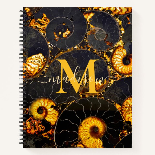 Golden Amber black Nautilus shell pattern, fossil  Notebook (Front)