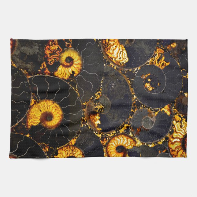 Golden Amber black Nautilus shell pattern, fossil  Tea Towel (Horizontal)