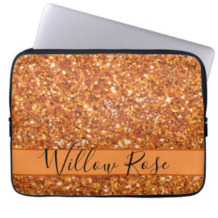 Golden amber orange sparkling glitter calligraphy laptop sleeve
