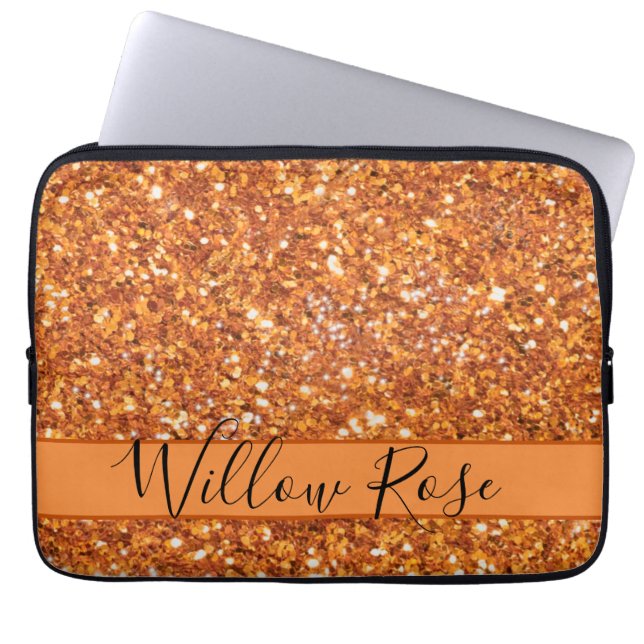 Golden amber orange sparkling glitter calligraphy laptop sleeve (Front)