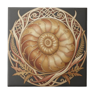 Golden Ammonite Fossil Celtic Frame Ornate Pattern Ceramic Tile