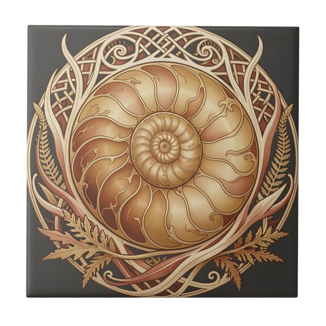 Golden Ammonite Fossil Celtic Frame Ornate Pattern Ceramic Tile (Front)