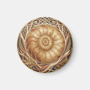 Golden Ammonite Fossil Celtic Frame Ornate Pattern Magnet
