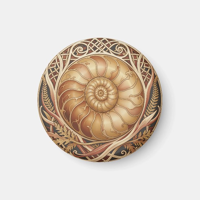 Golden Ammonite Fossil Celtic Frame Ornate Pattern Magnet (Front)