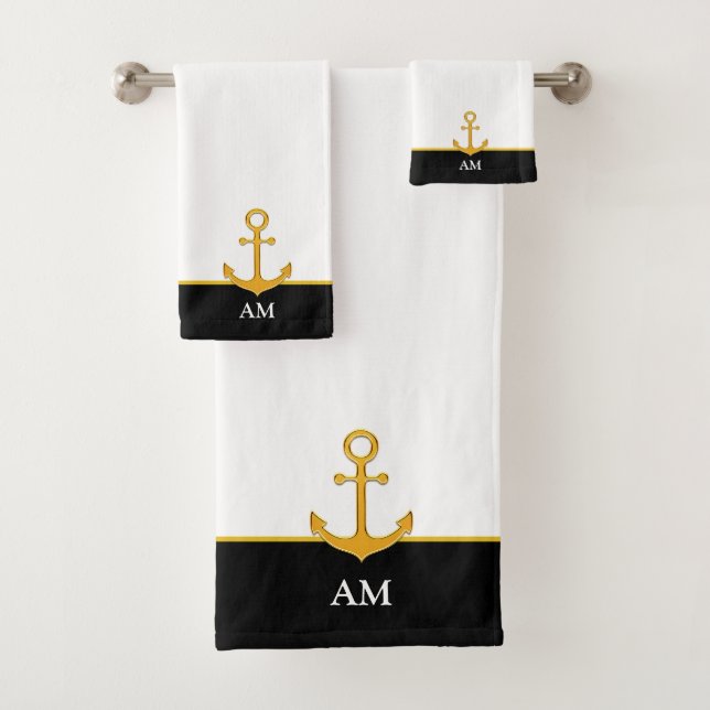 Golden Anchor & Monogram on Black and White Bath Towel Set (Insitu)
