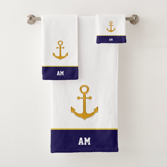 Golden anchor & monogram on navy blue & white bath bath towel set (Insitu)