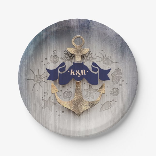 Golden Anchor Nautical Coastal Wedding Paper Plate (Front)