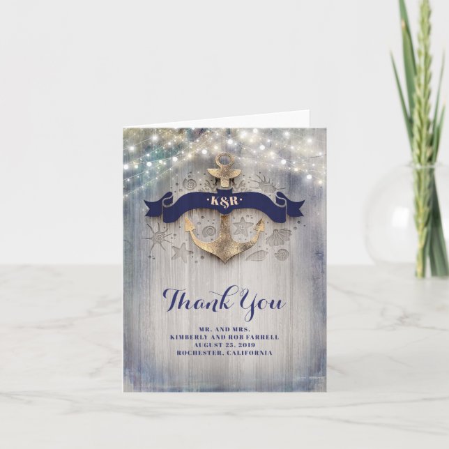 Golden Anchor Nautical Wedding Thank You Card (Front)