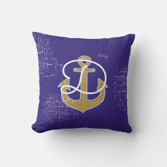 golden anchor on blue personalised nautical cushion (Front)
