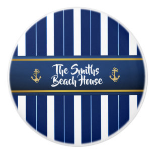 Golden Anchor on Blue Stripes Nautical Ceramic Knob