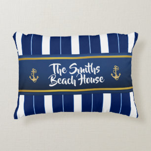 Golden Anchor on Blue Stripes Nautical Decorative Cushion