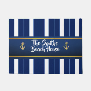 Golden Anchor on Blue Stripes Nautical Doormat