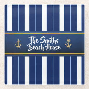 Golden Anchor on Blue Stripes Nautical Glass Coaster