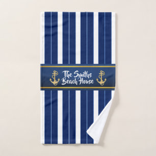 Golden Anchor on Blue Stripes Nautical Hand Towel