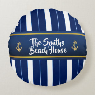 Golden Anchor on Blue Stripes Nautical Round Cushion