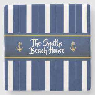Golden Anchor on Blue Stripes Nautical Stone Coaster