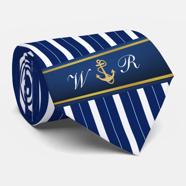 Golden Anchor on Blue Stripes Nautical Tie (Rolled)