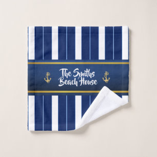 Golden Anchor on Blue Stripes Nautical Wash Cloth