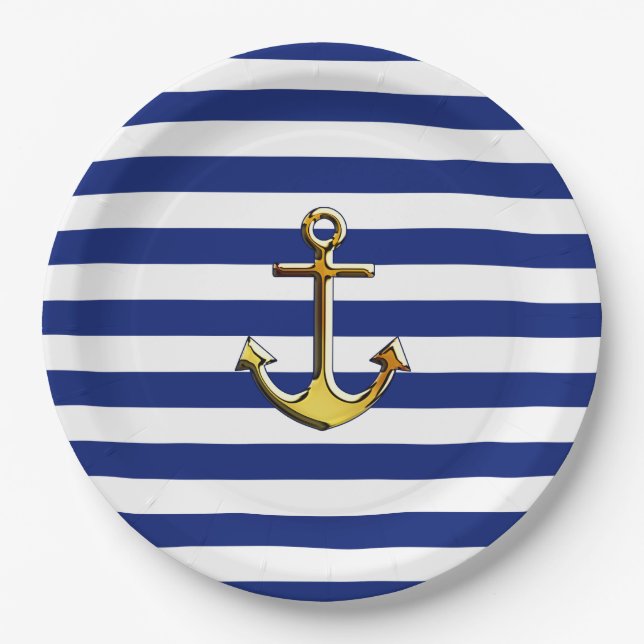 Golden Anchor on Nautical Navy Blue Stripes Print Paper Plate (Front)