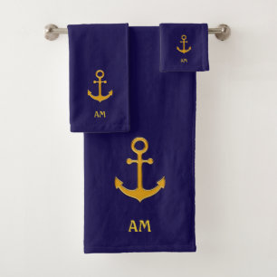 Golden anchor on navy blue bath towel set
