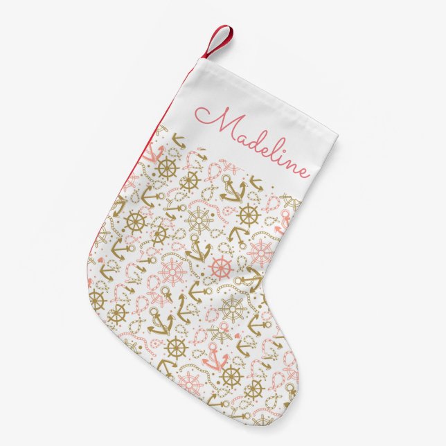 Golden Anchor Pattern | Add Your Name Small Christmas Stocking (Front (Hanging))