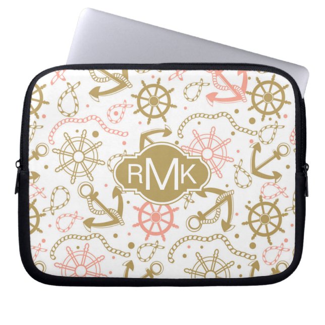 Golden Anchor Pattern | Monogram Laptop Sleeve (Front)