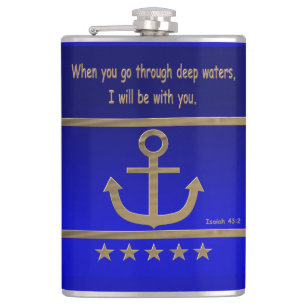 Golden Anchor, symbols of the love ,Isaiah 43:2 Hip Flask