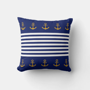 Golden Anchors, Blue & White Stripes on Navy Blue Cushion