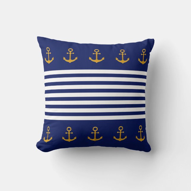 Golden Anchors, Blue & White Stripes on Navy Blue Cushion (Front)
