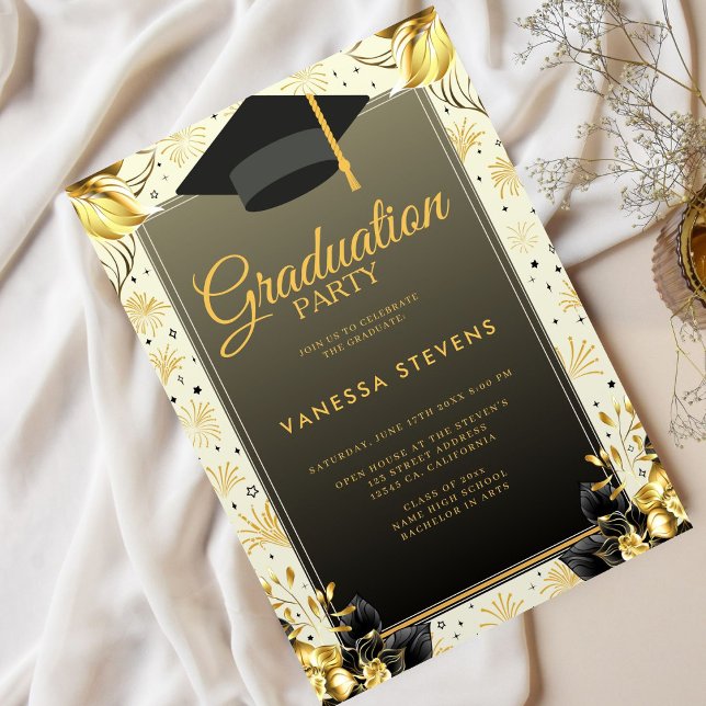 Golden And Beige Illustrated Happy Graduation Day  Invitation (Creator Uploaded)