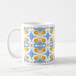 Golden and Blue Botanical Tile Design – Watercolou Coffee Mug