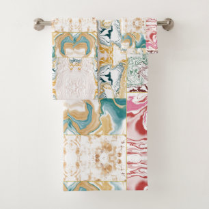 Golden and blue marble pattern bath towel set
