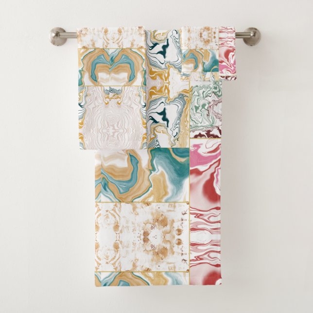 Golden and blue marble pattern bath towel set (Insitu)