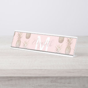 Golden and blush pineapples pattern desk name plate