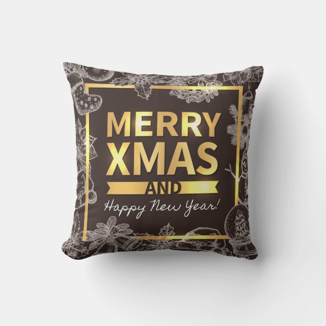 Golden and Chalk Merry Christmas Happy New Year Cushion (Front)