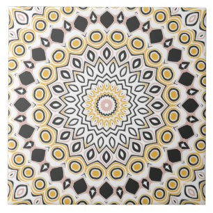 Golden and Charcoal Mandala Pattern Ceramic Tile