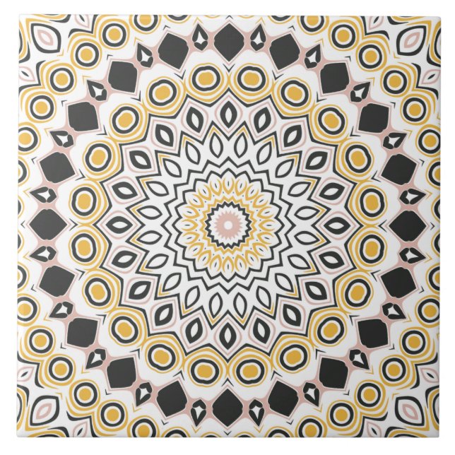 Golden and Charcoal Mandala Pattern Ceramic Tile (Front)