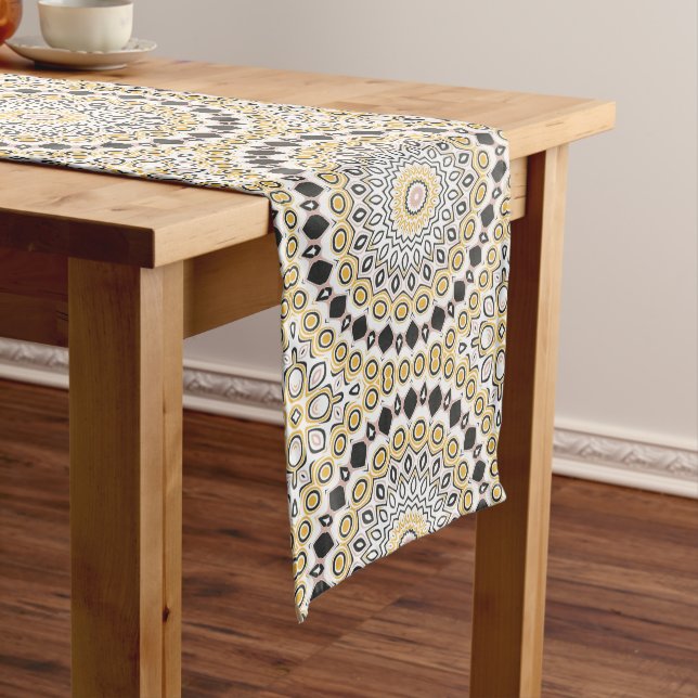 Golden and Charcoal Mandala Pattern Medium Table Runner (In Situ)