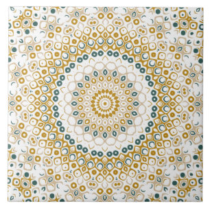 Golden and Green Geometric Mandala Pattern Ceramic Tile