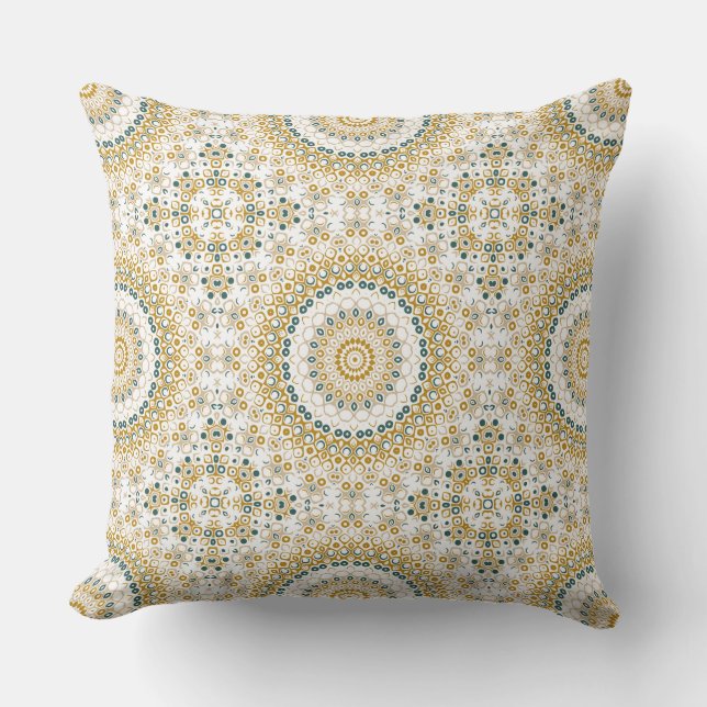 Golden and Green Geometric Mandala Pattern Cushion (Front)