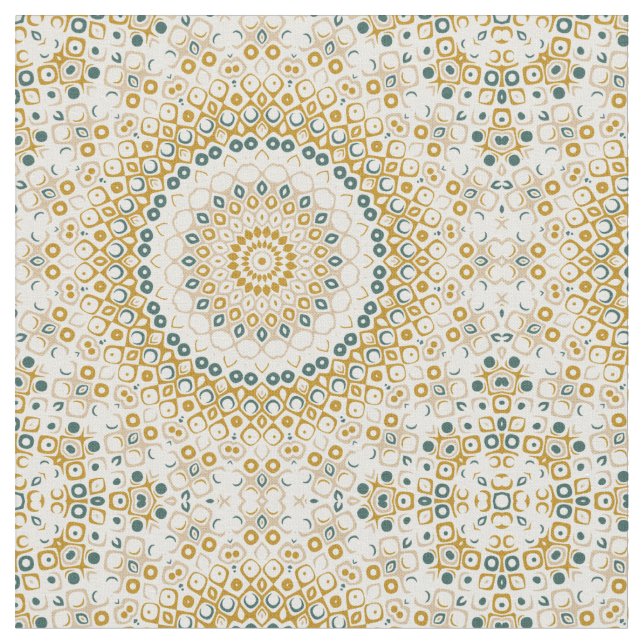 Golden and Green Geometric Mandala Pattern Fabric (Close Up)