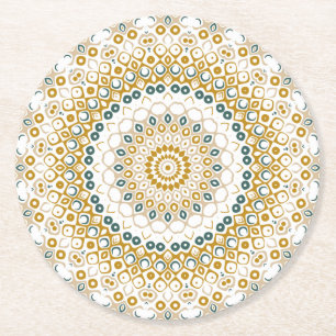 Golden and Green Geometric Mandala Pattern Round Paper Coaster