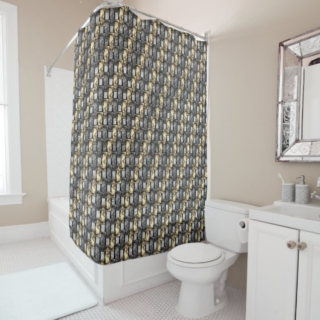 Golden and grey stain, carved rectangular pieces shower curtain (In Situ)