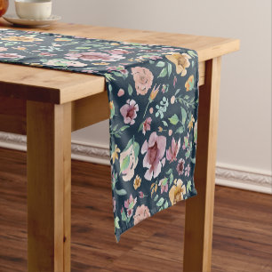 Golden and Mauve Flowers on Dark Blue Short Table Runner