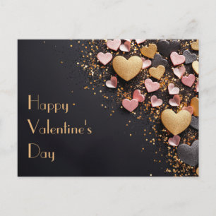 Golden and Pink hearts on black ground Valentine's Postcard