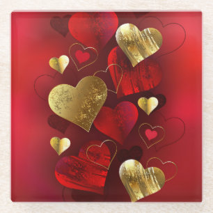 Golden and red valentines glass coaster